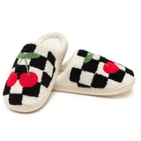 Black & White Checkered Fuzzy Slippers with Cherries