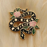 Black Serpent with Roses Enamel Pin