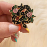 Black Serpent with Roses Enamel Pin