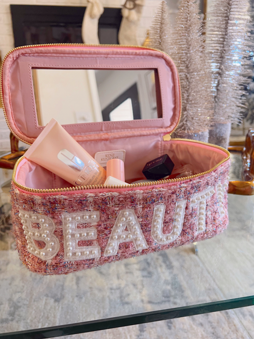 'Beauty' Pink Tweed Makeup Bag with Mirror