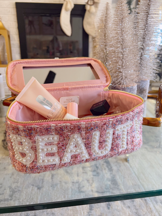 'Beauty' Pink Tweed Makeup Bag with Mirror