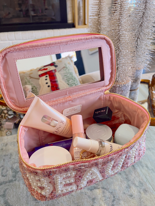 'Beauty' Pink Tweed Makeup Bag with Mirror