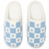 Blue & White Checkered Fuzzy Slippers with Stars