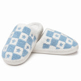 Blue & White Checkered Fuzzy Slippers with Stars
