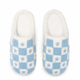 Blue & White Checkered Fuzzy Slippers with Stars