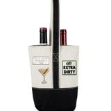 Black Double Wine Bottle Tote Bag with Dirty Martini Themed Patches