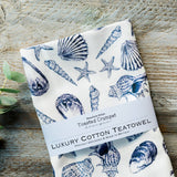 Inky Blue & White Seashells Tea Towel