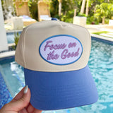 'Focus on the Good' Periwinkle Vintage Trucker Hat