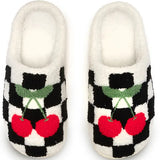 Black & White Checkered Fuzzy Slippers with Cherries