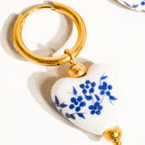 Ceramic Blue & White Floral Heart Earrings