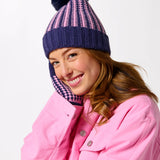 Navy Blue & Pink Houndstooth Beanie