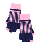 Navy Blue & Pink Houndstooth Touchscreen Gloves