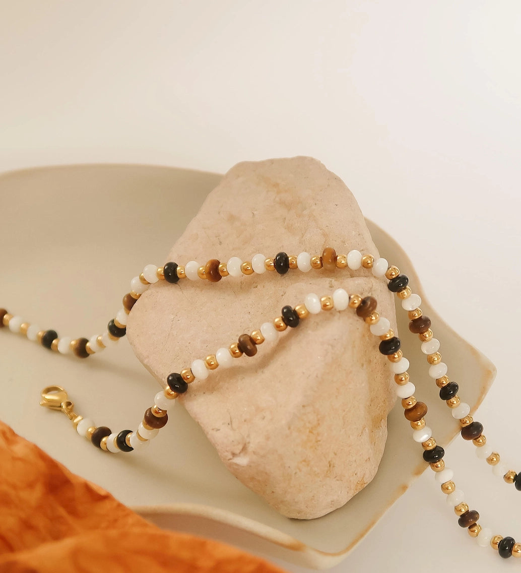 Brown, White and Black Boho Beaded Necklace