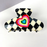 Black & White Checkered with Bright Heart Claw Hair Clip