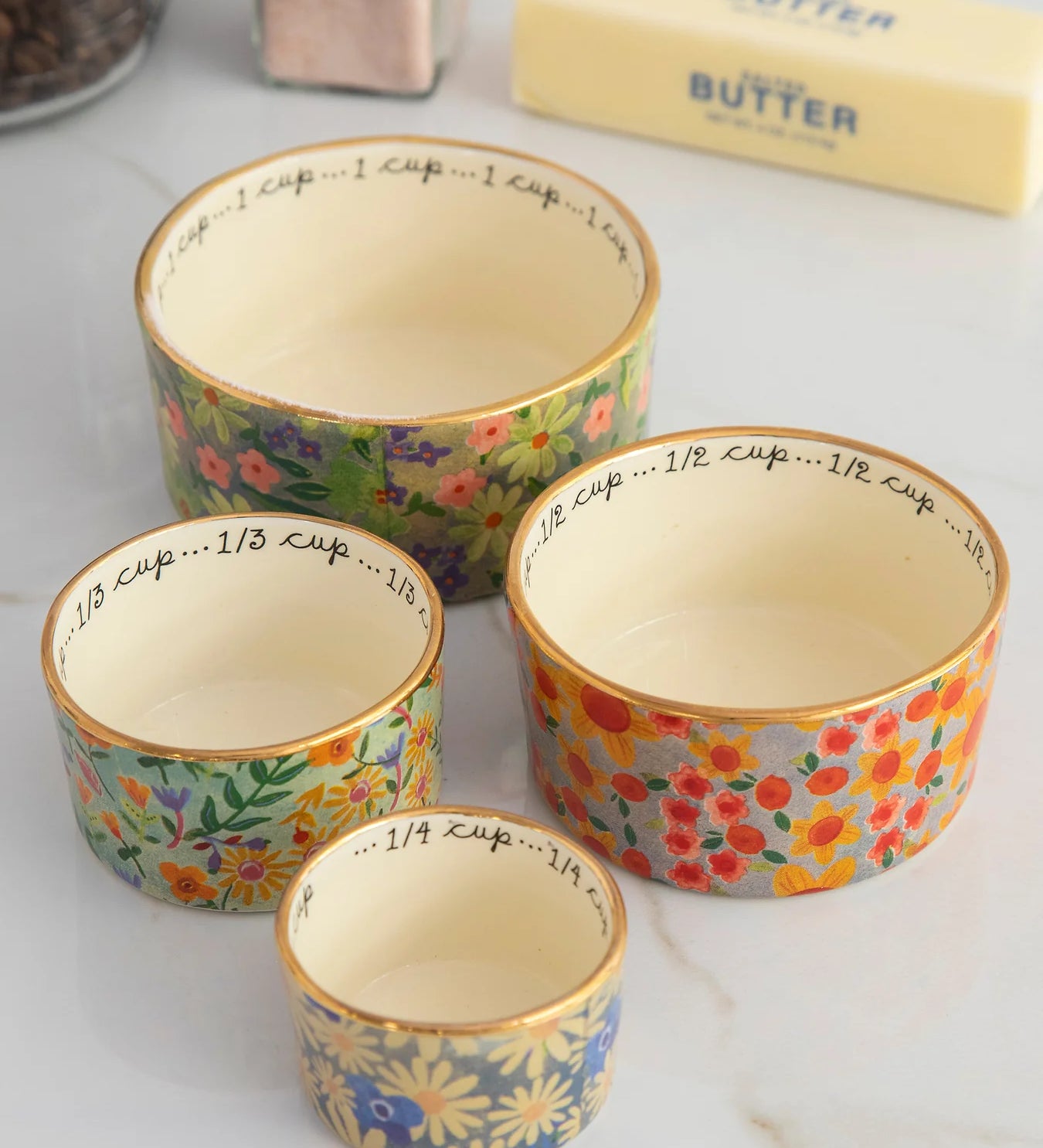 Natural Life Multi-Floral Ceramic Nesting Measuring Cups, Set of 4