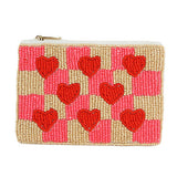 Pink Checkered with Red Hearts Beaded Coin Purse