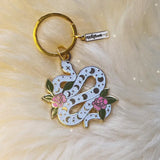 White Serpent & Roses Enamel Keychain