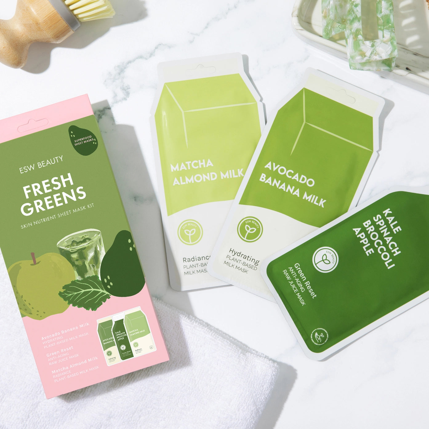 ESW Beauty Fresh Greens Skin Nutrient Sheet Mask Kit, Superfood Sheet ...