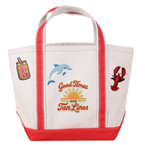 Red Small Canvas Tote Bag with Iced Coffee & Beach Themed Patches