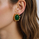 Green Vintage Stone Oval Stud Earrings