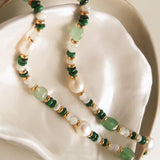 Bohemian Pearl and Green Stone Beaded Necklace