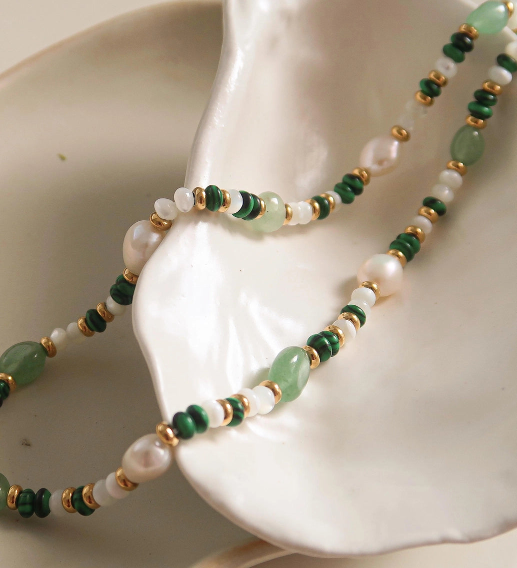 Bohemian Pearl and Green Stone Beaded Necklace