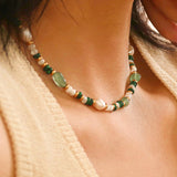 Bohemian Pearl and Green Stone Beaded Necklace