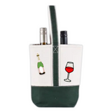 Hunter Green Double Wine Bottle Canvas Tote Bag with Champagne Bottle & Wine Glass Patches