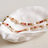 Orange Stone & Natural Pearl Beaded Bracelet