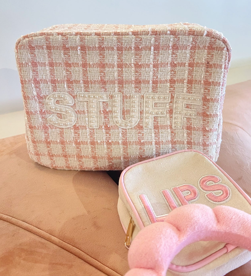 'Stuff' Pink Plaid XL Pouch