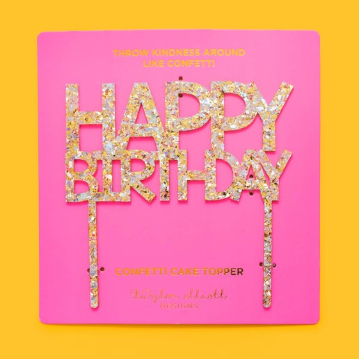 Pearl + Gold Confetti "Happy Birthday" Cake Topper