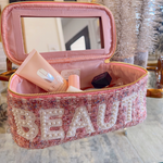 'Beauty' Pink Tweed Makeup Bag with Mirror