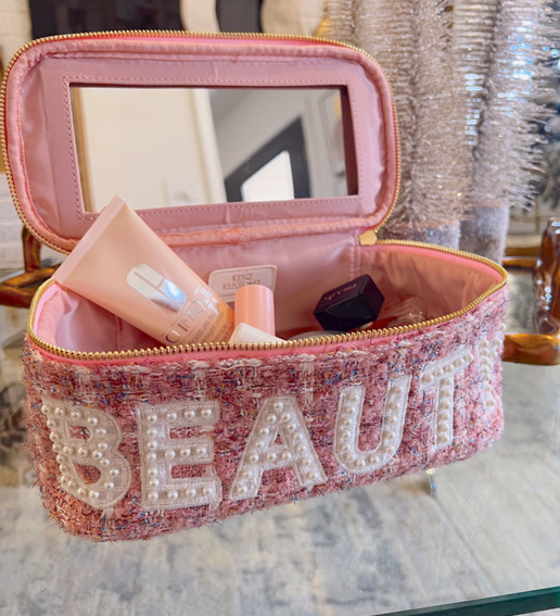 'Beauty' Pink Tweed Makeup Bag with Mirror