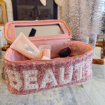 'Beauty' Pink Tweed Makeup Bag with Mirror