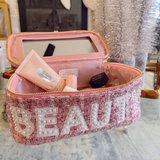 'Beauty' Pink Tweed Makeup Bag with Mirror