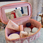 'Beauty' Pink Tweed Makeup Bag with Mirror