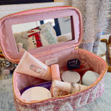 'Beauty' Pink Tweed Makeup Bag with Mirror