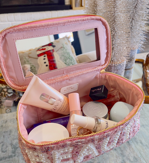 'Beauty' Pink Tweed Makeup Bag with Mirror