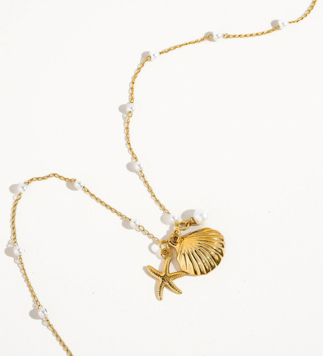 Seashell & Starfish Pearl Coastal Charm Necklace