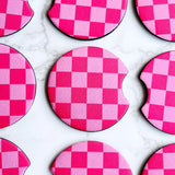 Pink Checkered Car Coasters, Set of 2