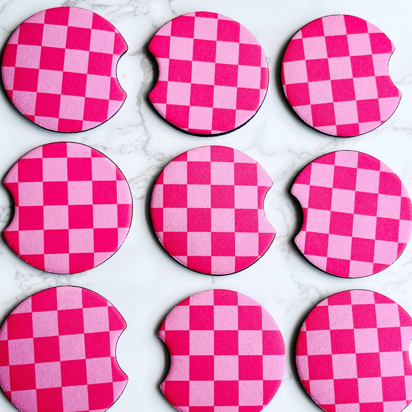 Pink Checkered Car Coasters, Set of 2