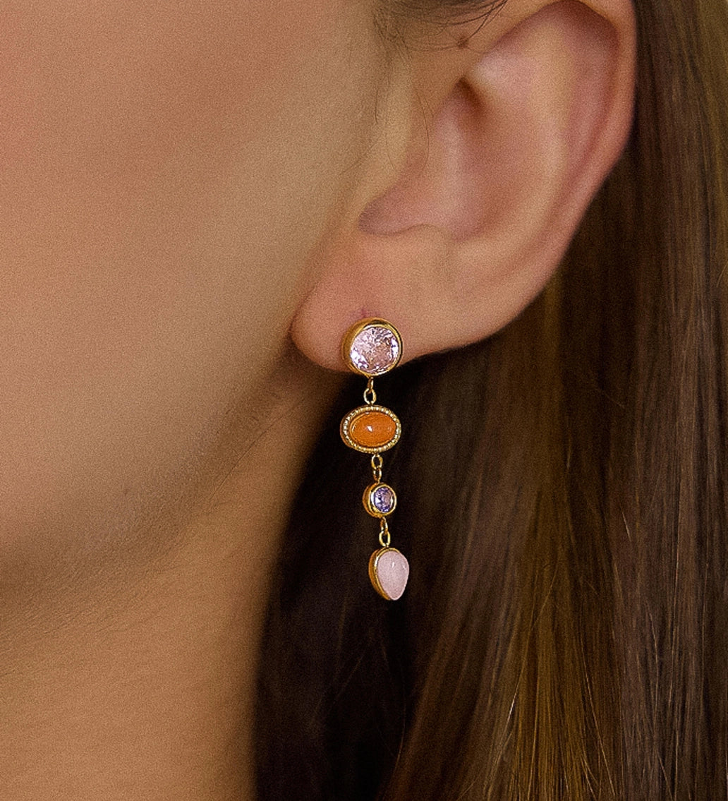 Bezel Set Pink Gemstone & CZ Drop Earrings