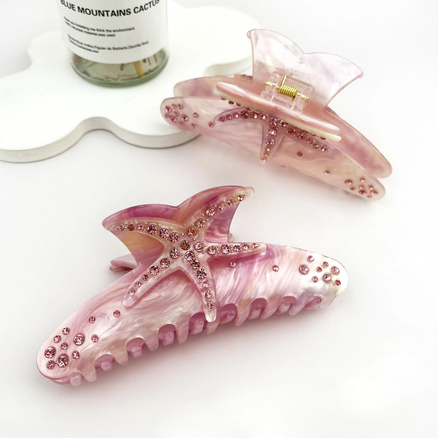 Pink Starfish with Rhinestones Crescent Claw Hair Clip