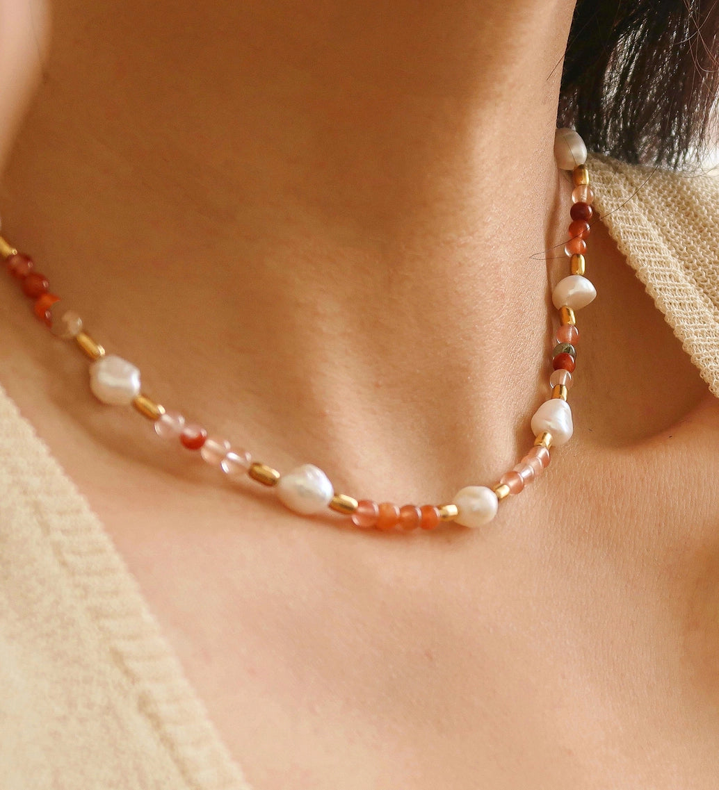 Bohemian Pearl and Rose Stone Beaded Necklace