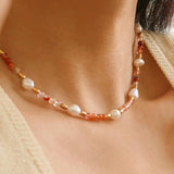 Bohemian Pearl and Rose Stone Beaded Necklace