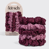 KITSCH Cherry Lacquer & Dusty Pink Ruched Lace Scrunchies, 5pc. Set