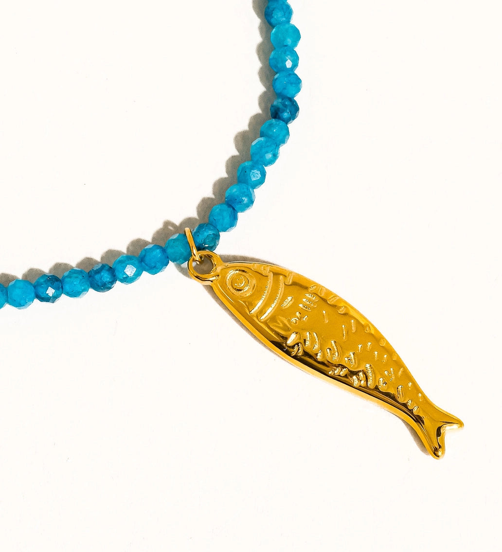 Blue Beaded Sardine Fish Pendant Necklace