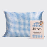 KITSCH Gingham Blue with Bows Satin Pillowcase, Standard
