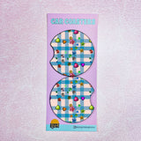 Blue and White Gingham with Gem Stickers Print Car Coasters, Set of 2