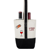 Black Double Wine Bottle Tote Bag with Wine, Cannoli & 'Always Late' Patches
